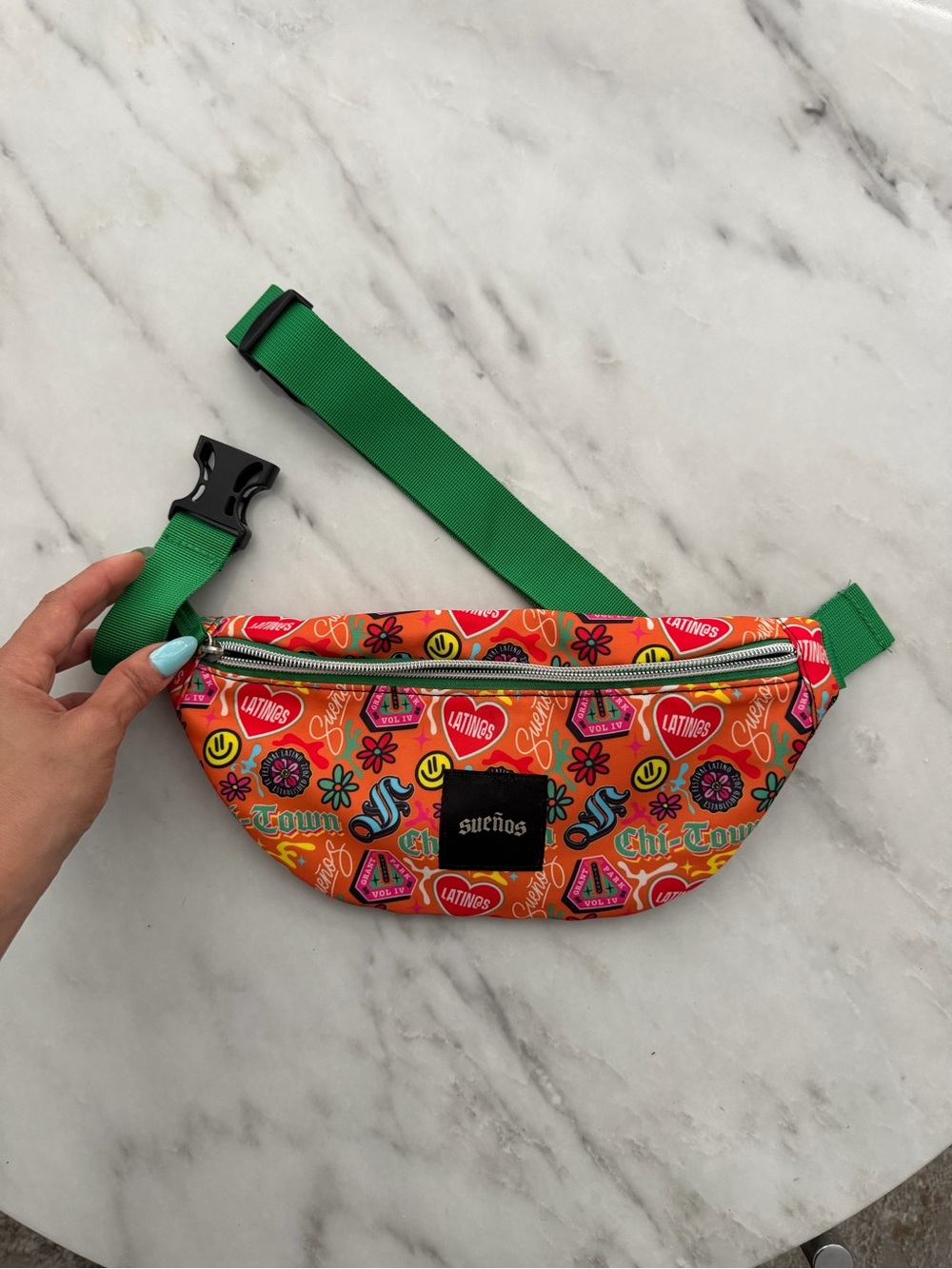 Vibrant Orange Printed Fanny Pack with Green Strap